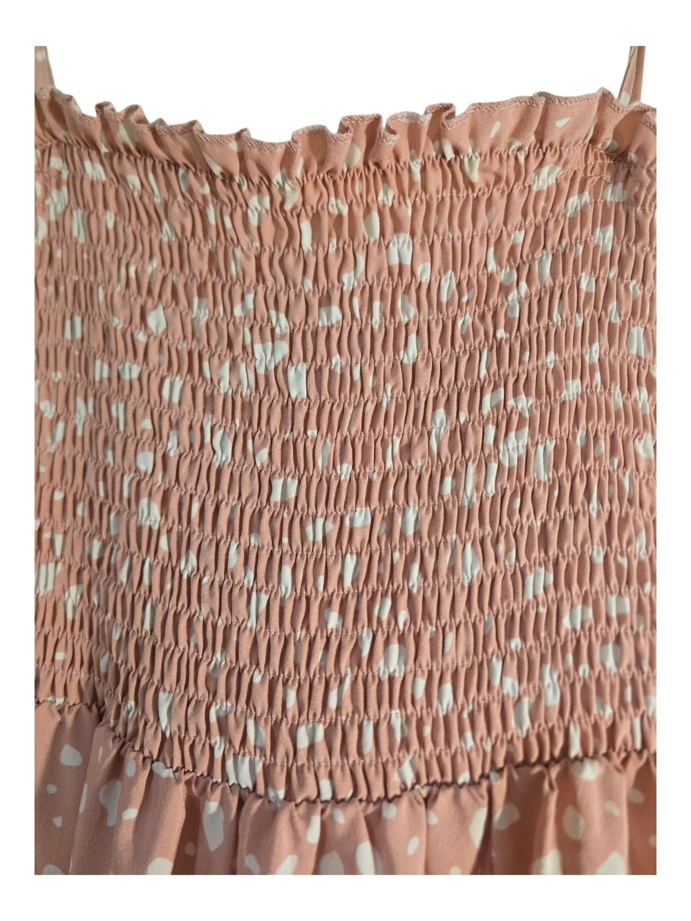 Smocked Spaghetti Strap Pink Polka Dot Midi Dress Size Large - Picture 4 of 9